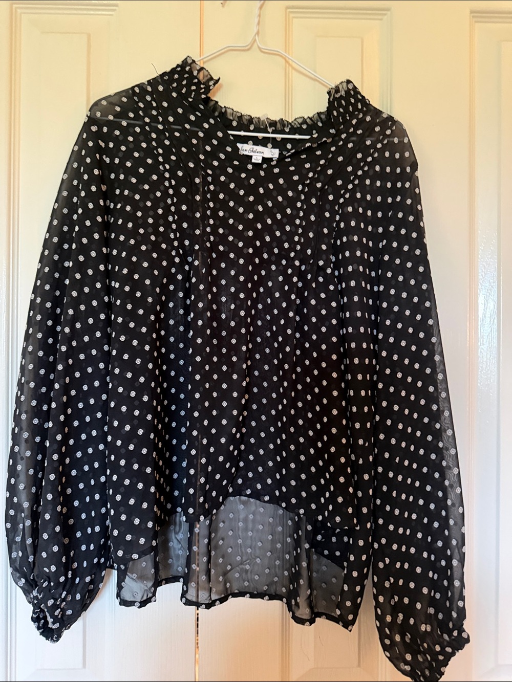 Sam Edelman Black and White Polka Dot Ruffle Neck Blouse